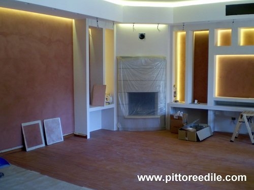 Nicchie in cartongesso e parete tv salone, stucco veneziano, illuminazione a led - Imbianchino Roma Impresa Edile